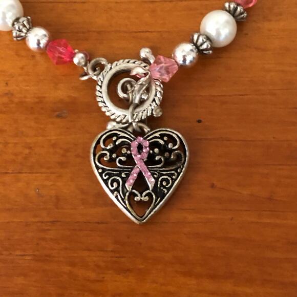 Pink Ribbon Hope Strength Courage Charms Sterling Silver Plated Bracelet - Picture 5 of 6